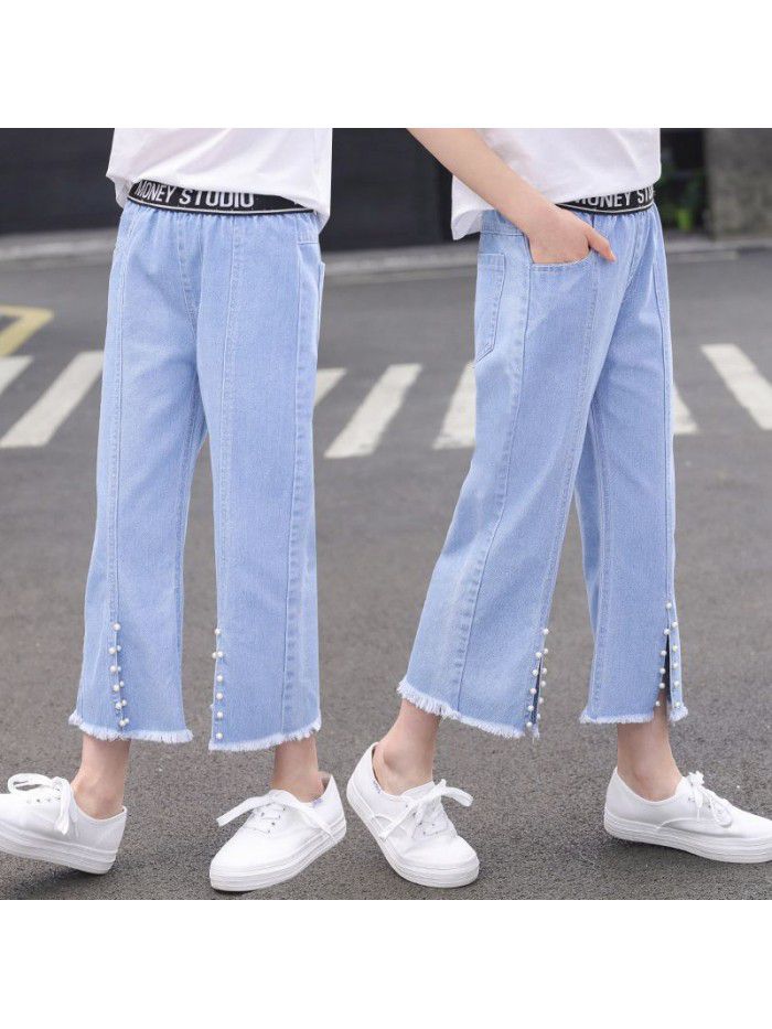 Girls' jeans Capris thin children's wear women's middle school children's loose wide leg pants 