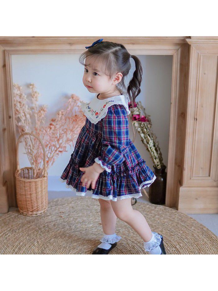  spring new long sleeve girl's dress European and American children's Plaid Skirt Western style children's Lapel embroidery skirt 