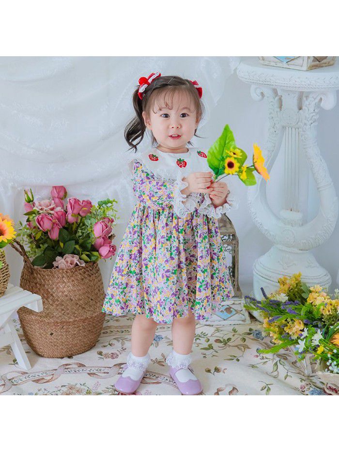 Spring girl's long sleeve Printed Dress with big Lapel embroidery children's Princess Dress 