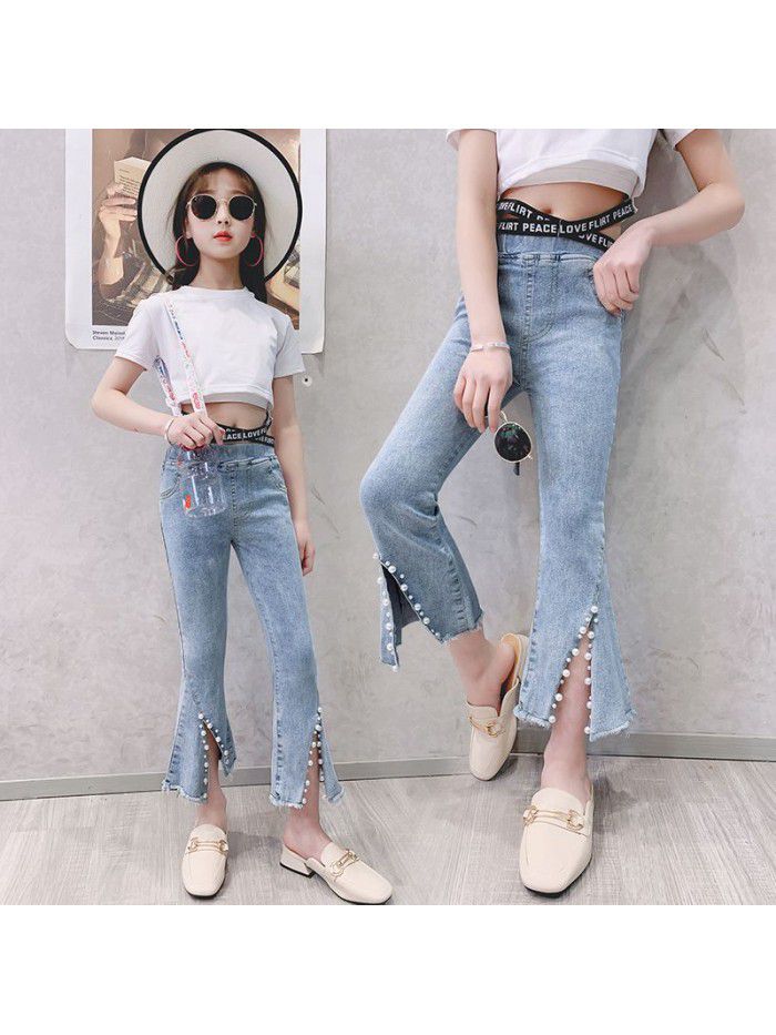 Girls' jeans flared pants spring and autumn  new Korean version of Chinese University Children's foreign style Capris elastic slim pants 