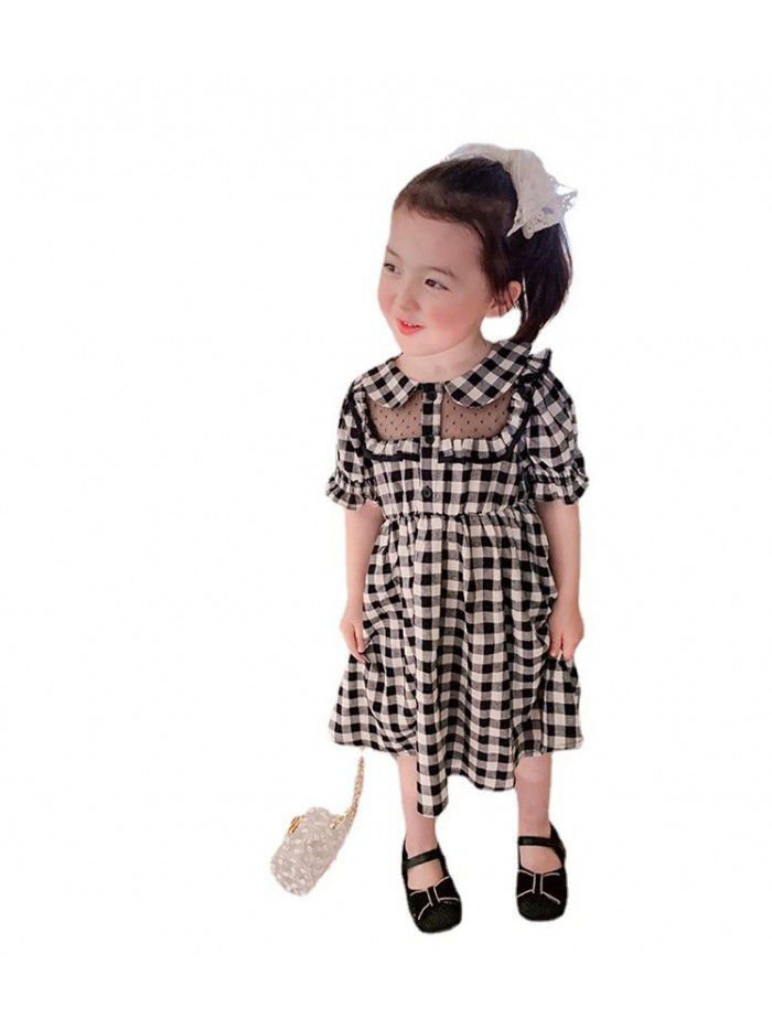 Girls' dress western style Korean version baby Lapel Plaid short sleeve hollow out skirt children's bubble sleeve princess skirt 