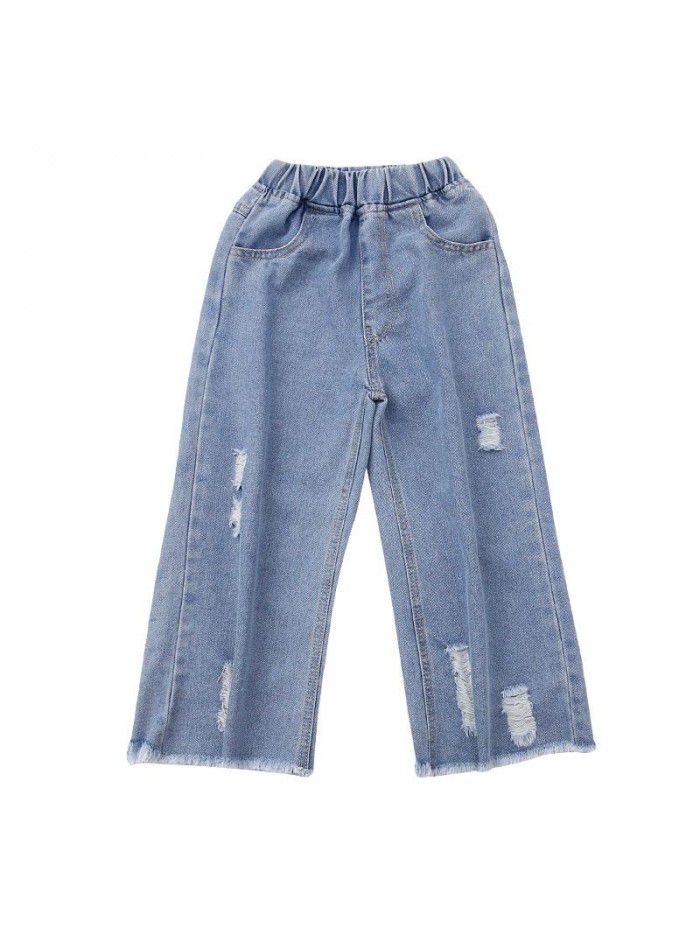Girl's wide leg pants spring and summer  loose foreign style girl's big boy's jeans hole children's Capris 