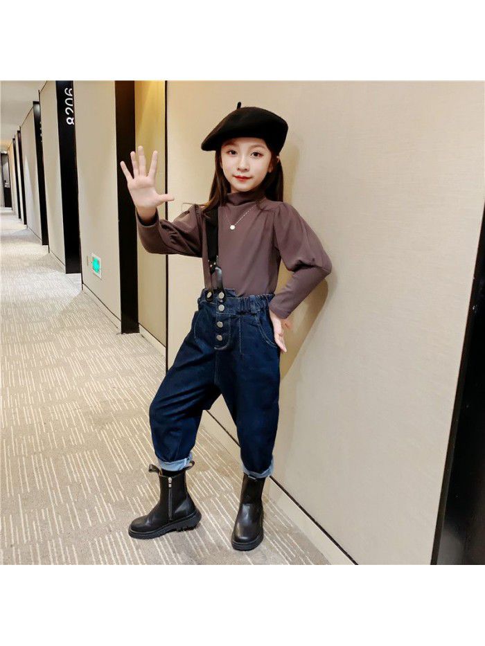 Girls' one shoulder loose fitting denim suspenders  spring new style foreign style Korean fashionable Chinese University Children's casual pants 