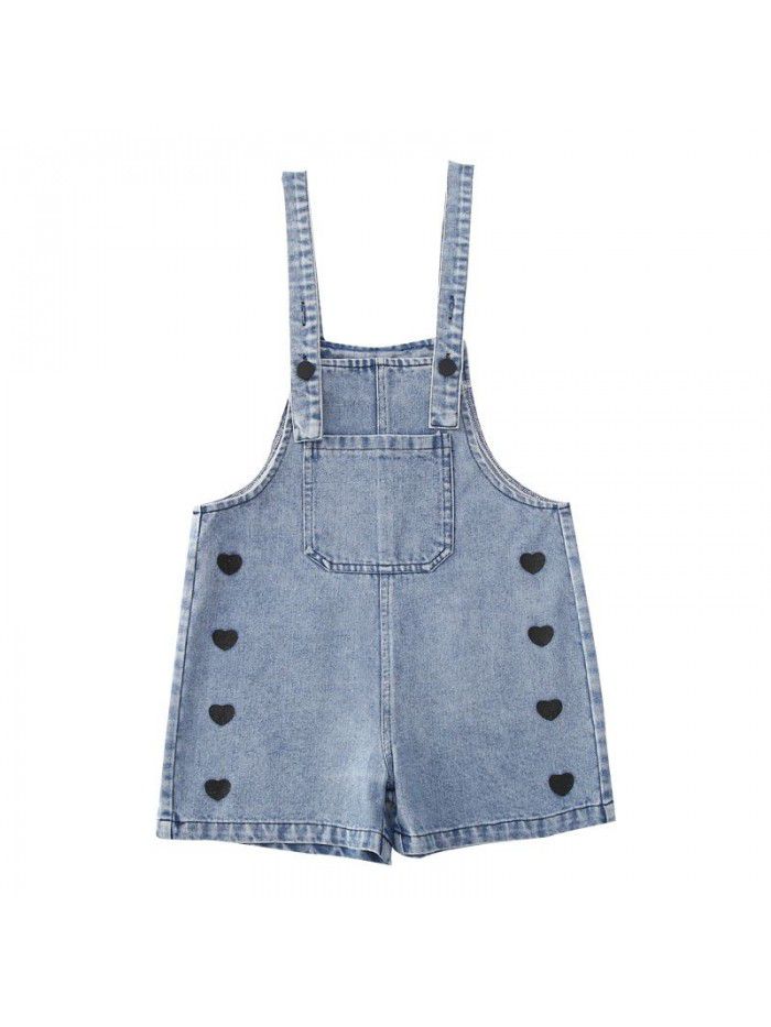 Girl's suspender pants for middle and large children's foreign style loose denim shorts summer thin children's love pants 
