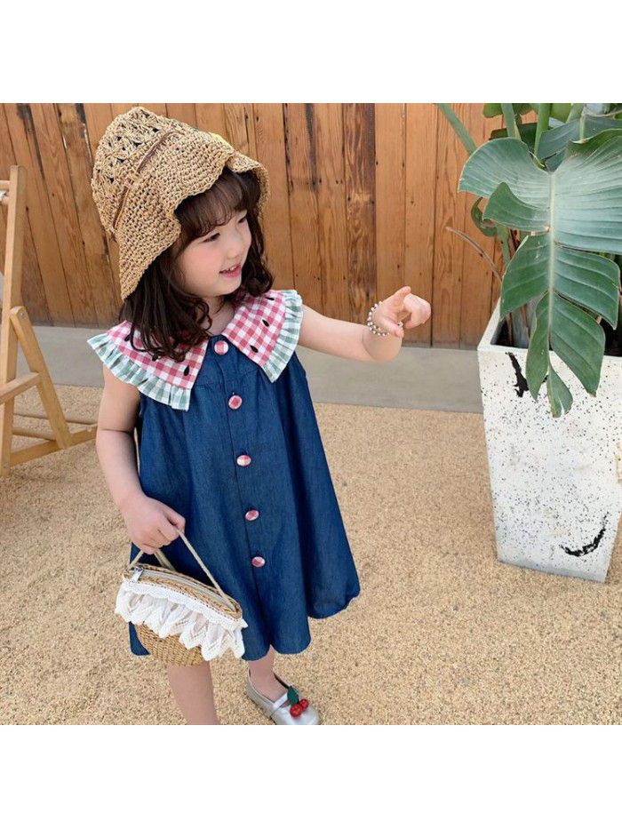 Girls skirt children cute cartoon Plaid Lapel pure dress denim skirt 20 summer new children's wear 