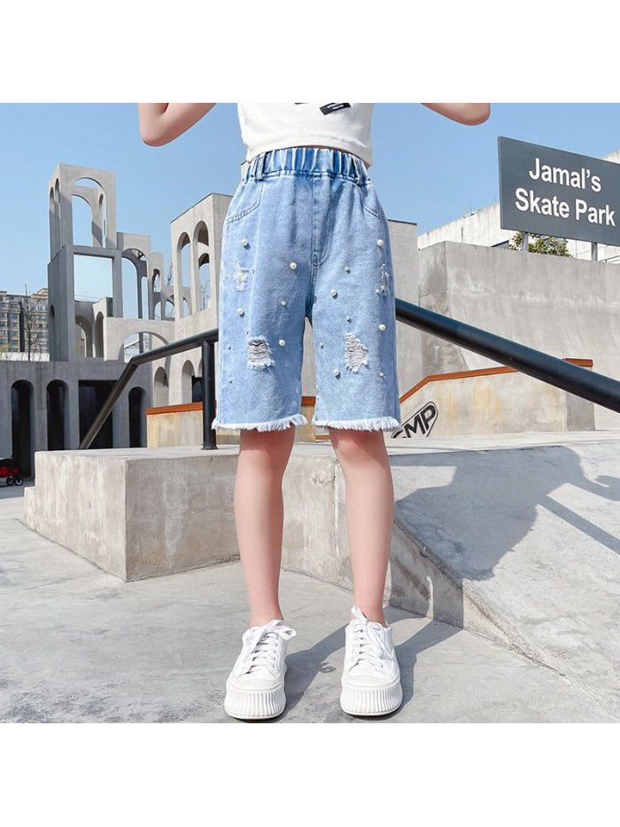 Girls' jeans  summer new pants pants breeches Capris fashion casual Korean perforated Shorts Girls 