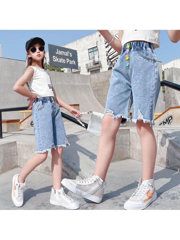 Girls' denim pants  summer dress new Chinese University Children's Korean version loose foreign style fashionable five point pants fashion 