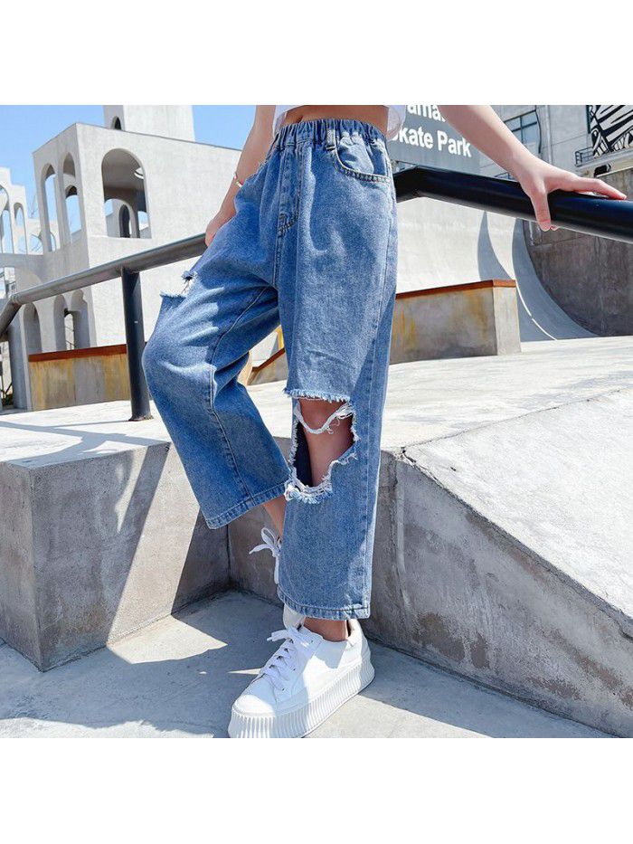 Girls' holed jeans  summer new Korean style loose Jiufen beggar pants middle school children's casual pants 