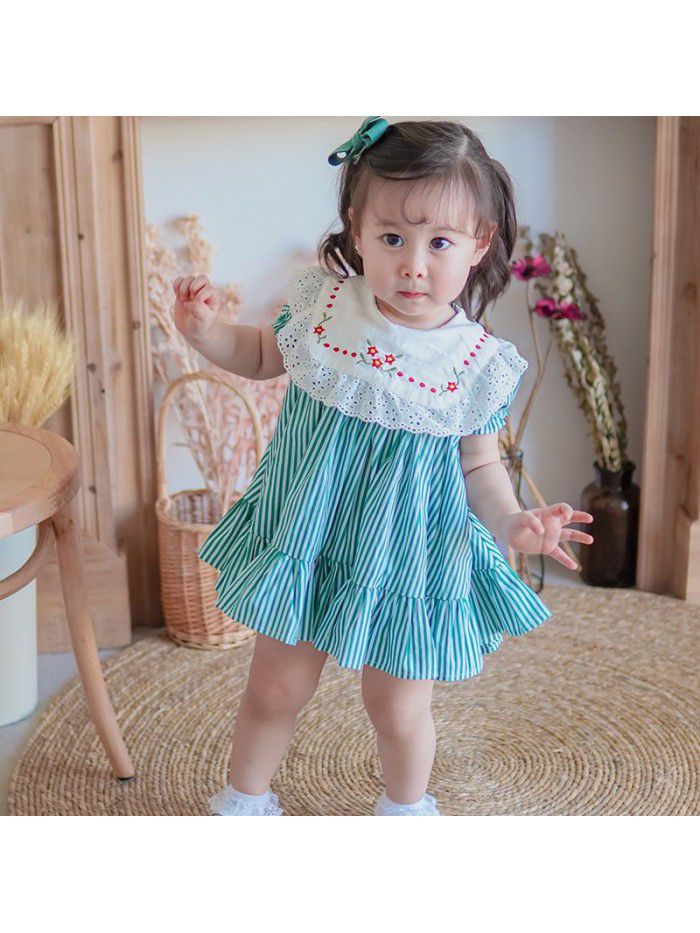 European and American children's wear  spring long sleeve children's dress middle and small children's stripe embroidery children's skirt Lapel girl's skirt 