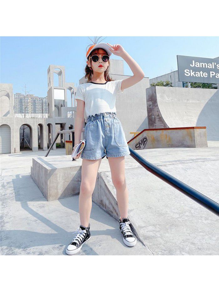 Girls' denim shorts summer wear  new style foreign style children's thin high waist children's summer flower bud hot pants 