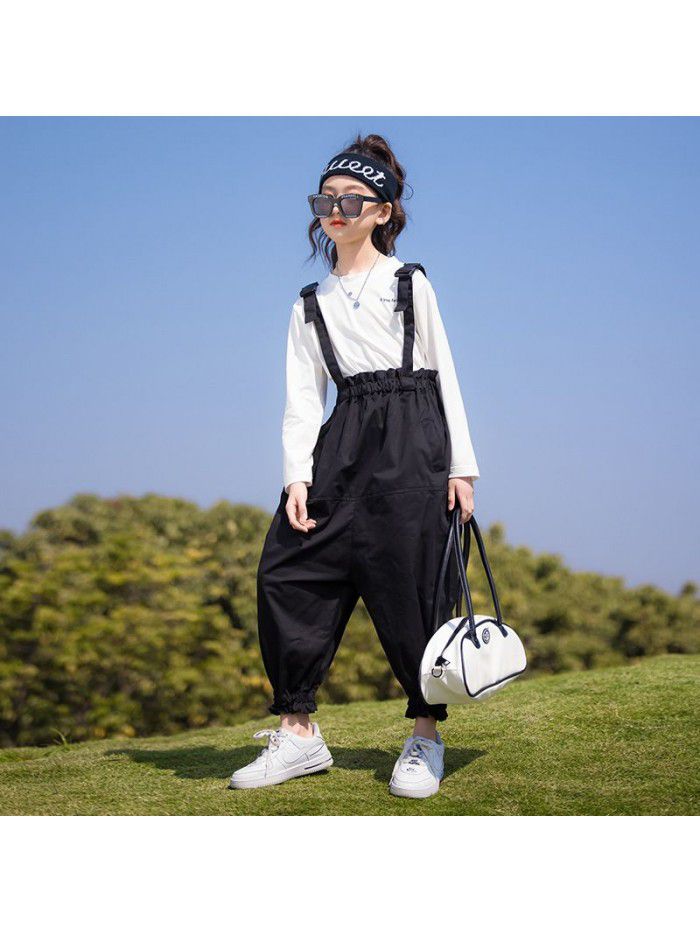 Girl's suit spring and autumn clothes middle school children's Korean fashionable foreign style primary school girl's 12-year-old aggressive fried Street strap pants 