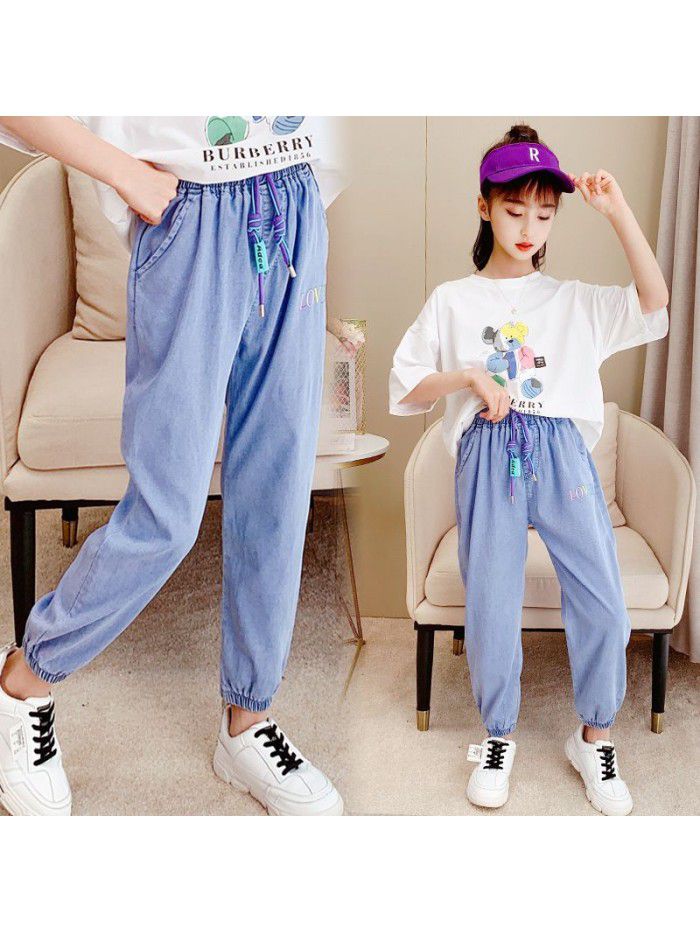 Girls' Tencel jeans summer ultra thin children's wear pants girls' middle school children's summer anti mosquito pants children's fashion 