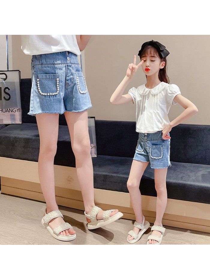 Girls' denim shorts  summer new hot pants pearl pocket net red foreign style children's pants 