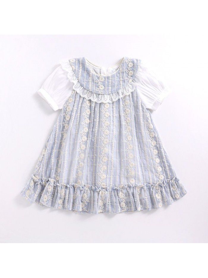  summer new round neck short sleeve loose skirt children jacquard Princess Dress Korean sweet girl dress 