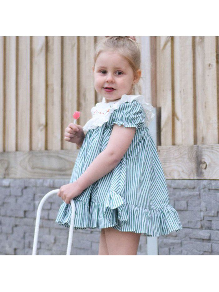 summer baby dress striped princess skirt suit short sleeve Lapel embroidered skirt European and American children's wear 