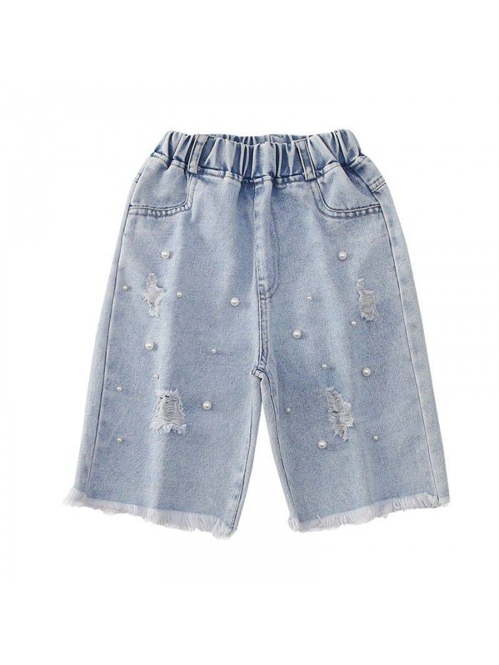 Girls' jeans  summer new pants pants breeches Capris fashion casual Korean perforated Shorts Girls 