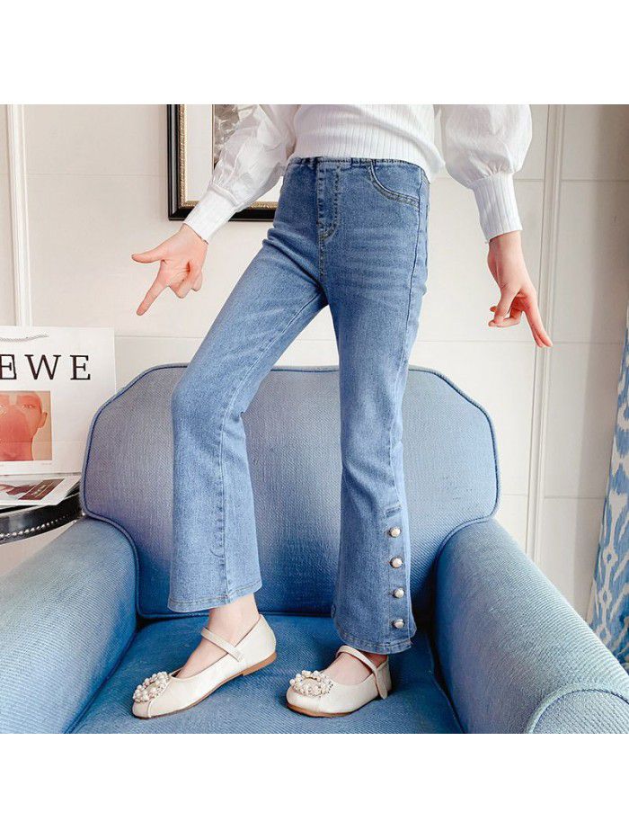 Girls' elastic jeans Korean slim four button bell bottom  new girls' fashionable Capris 
