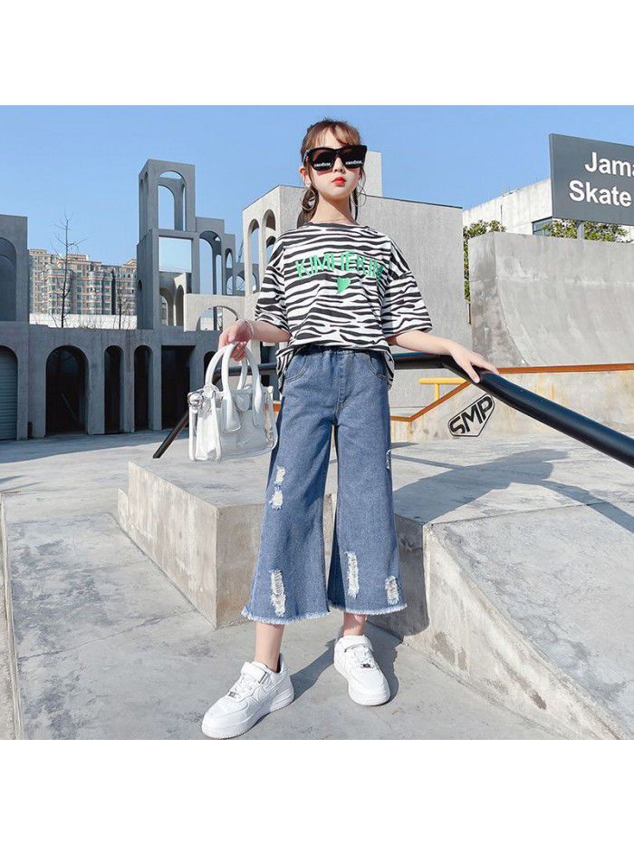 Girl's wide leg pants spring and summer  loose foreign style girl's big boy's jeans hole children's Capris 