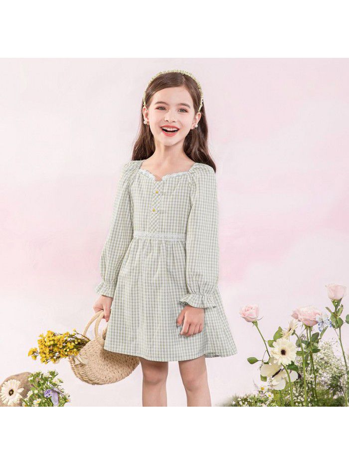 A new hair generation children's dress for spring  children's skirt lattice bubble sleeve girl's dress 