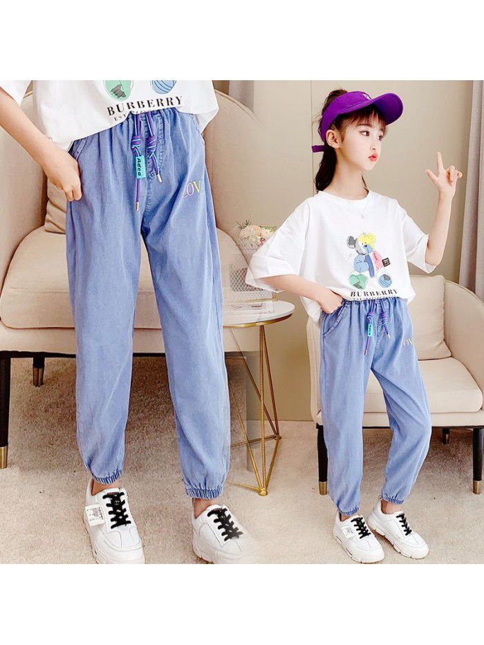 Girls' Tencel jeans summer ultra thin children's wear pants girls' middle school children's summer anti mosquito pants children's fashion 
