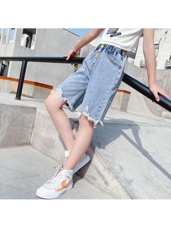 Girls' denim pants  summer dress new Chinese University Children's Korean version loose foreign style fashionable five point pants fashion 