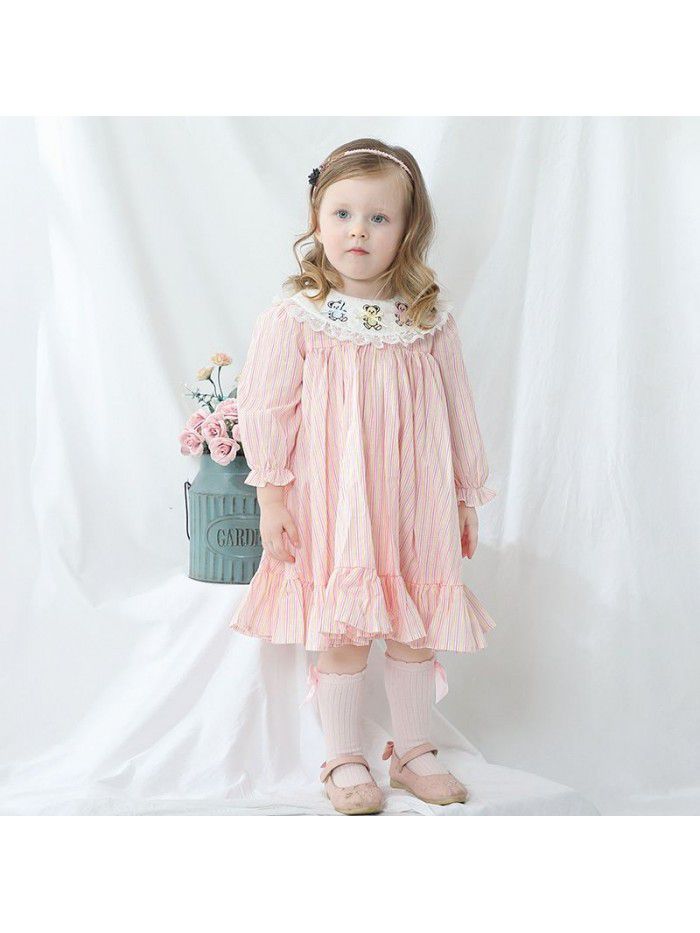 Spring new girl's princess dress girl's Long Sleeve Striped embroidered dress 