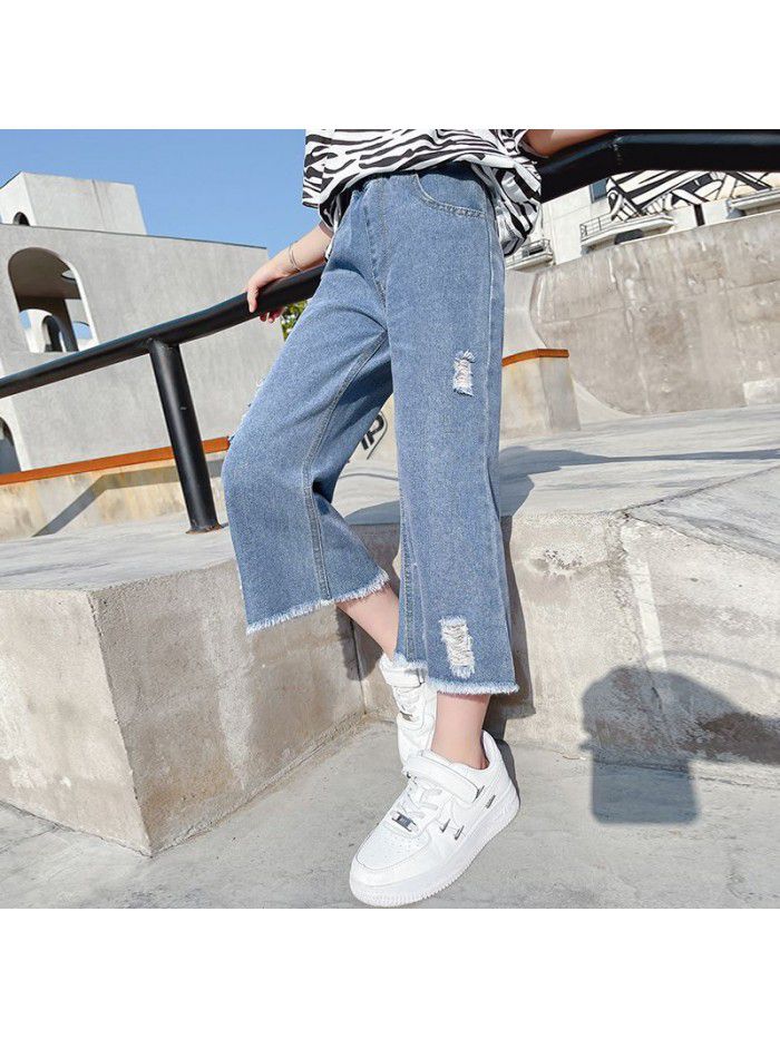 Girl's wide leg pants spring and summer  loose foreign style girl's big boy's jeans hole children's Capris 