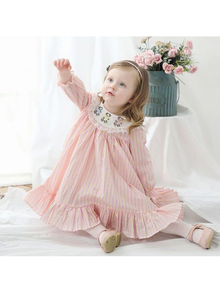 Spring new girl's princess dress girl's Long Sleeve Striped embroidered dress 