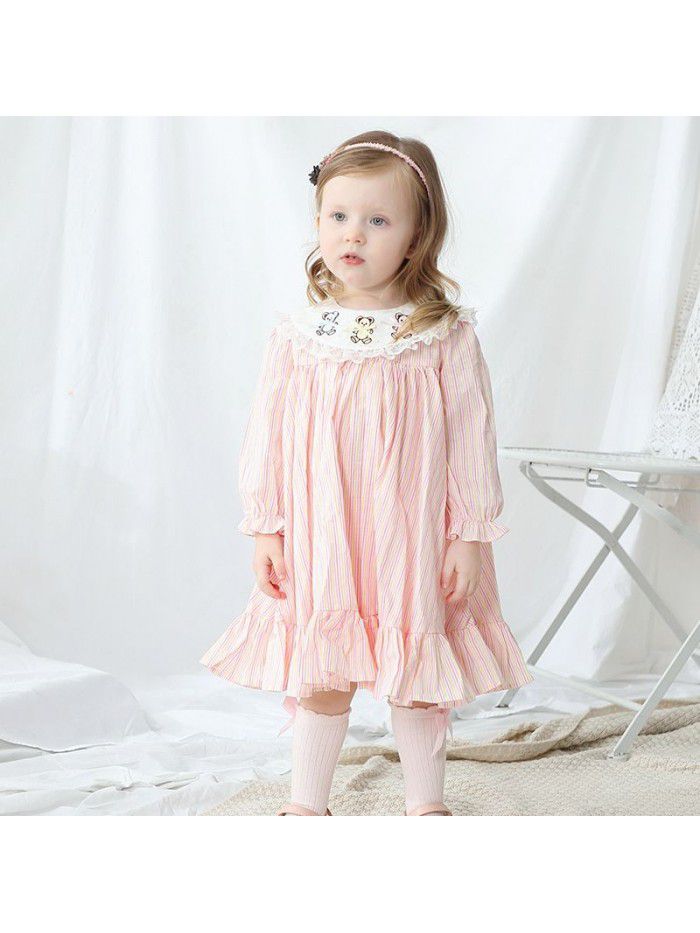 Spring new girl's princess dress girl's Long Sleeve Striped embroidered dress 