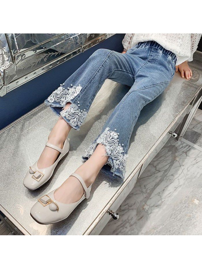 Girls' jeans spring and autumn thin  new baby girl foreign style lace flared pants little girl fashionable pants 