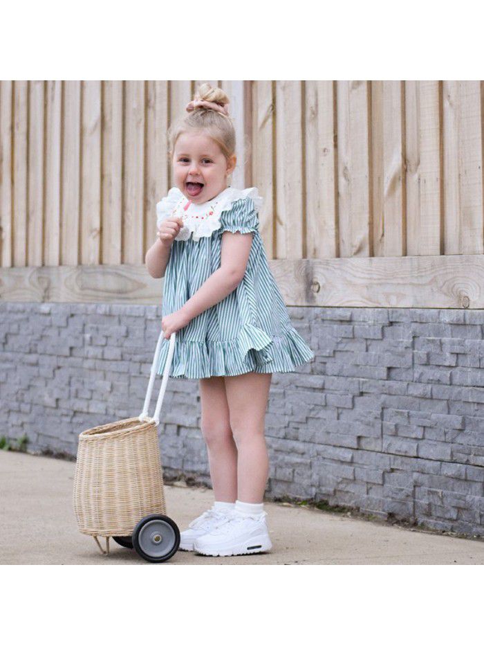 summer baby dress striped princess skirt suit short sleeve Lapel embroidered skirt European and American children's wear 
