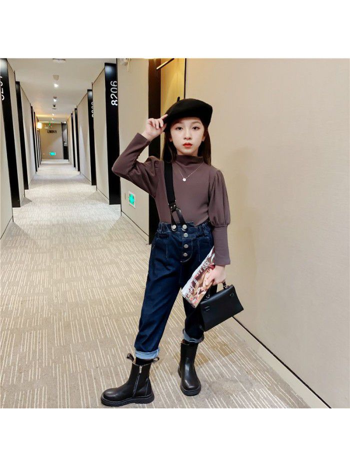 Girls' one shoulder loose fitting denim suspenders  spring new style foreign style Korean fashionable Chinese University Children's casual pants 