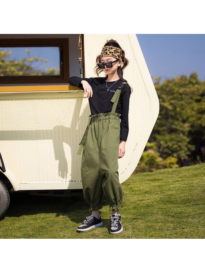 Girl's suit spring and autumn clothes middle school children's Korean fashionable foreign style primary school girl's 12-year-old aggressive fried Street strap pants 