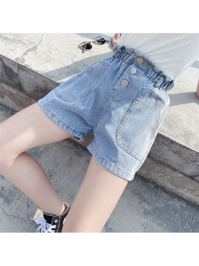 Girls' denim shorts summer wear  new style foreign style children's thin high waist children's summer flower bud hot pants 