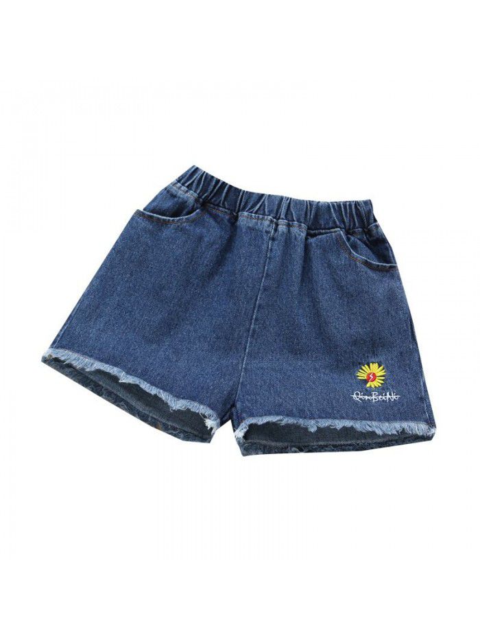 Girls Denim Shorts wear  new baby children's summer foreign style children's wear small wrinkled chrysanthemum casual thin pants 