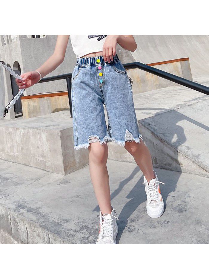 Girls' denim pants  summer dress new Chinese University Children's Korean version loose foreign style fashionable five point pants fashion 