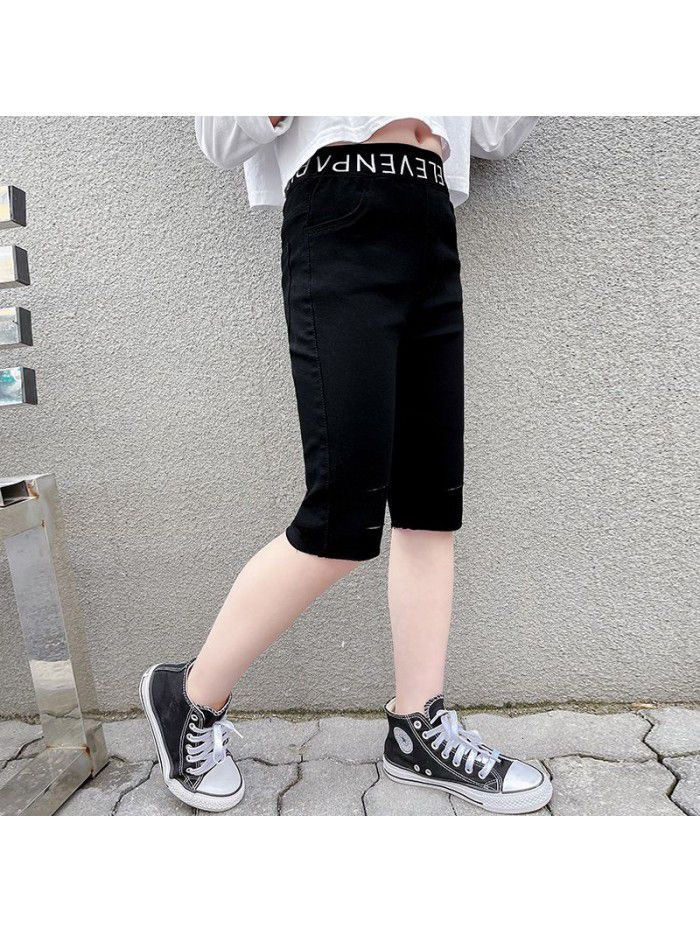 Girls' summer dress, western style, 5-point jeans, versatile high elastic pants, children's big children's casual pants and breeches 