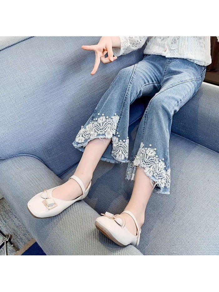 Girls' jeans spring and autumn thin  new baby girl foreign style lace flared pants little girl fashionable pants 