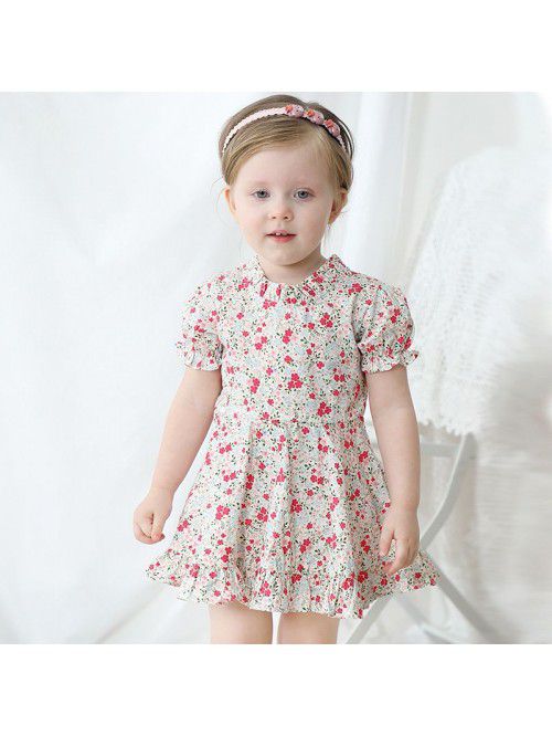 Girls' short sleeve floral dress pastoral sty...