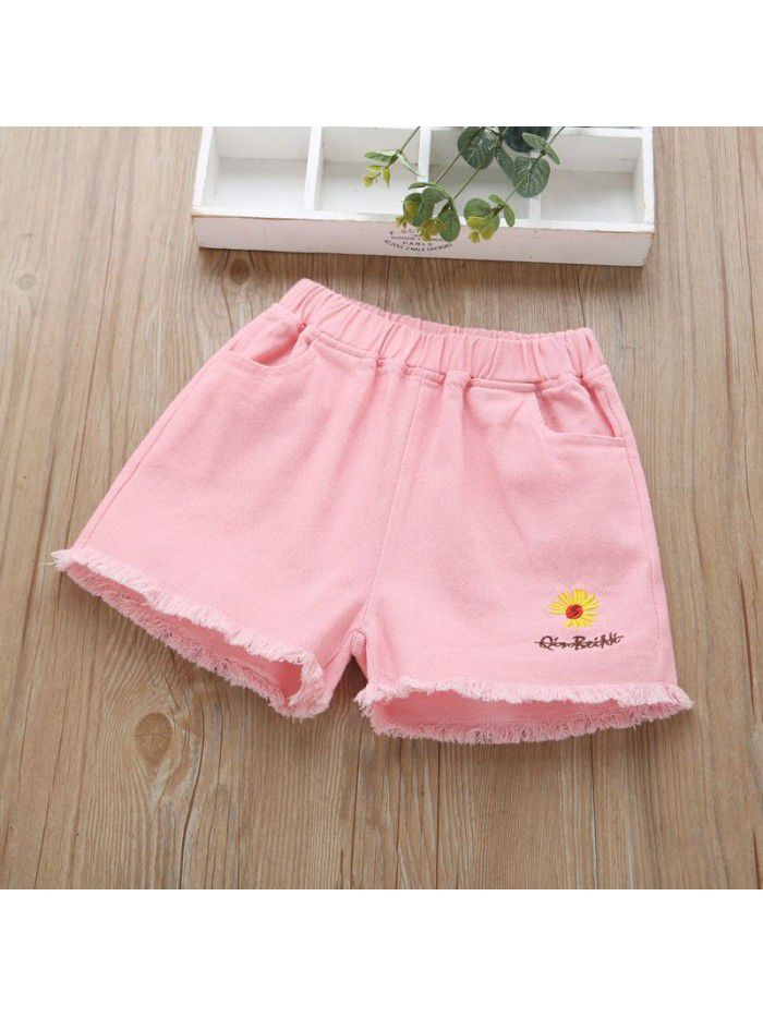 Girls Denim Shorts wear  new baby children's summer foreign style children's wear small wrinkled chrysanthemum casual thin pants 