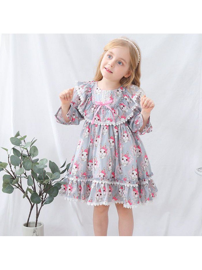 Girls' spring Spanish children's dress cartoon Printed Dress European and American children's skirt Lolita princess skirt 