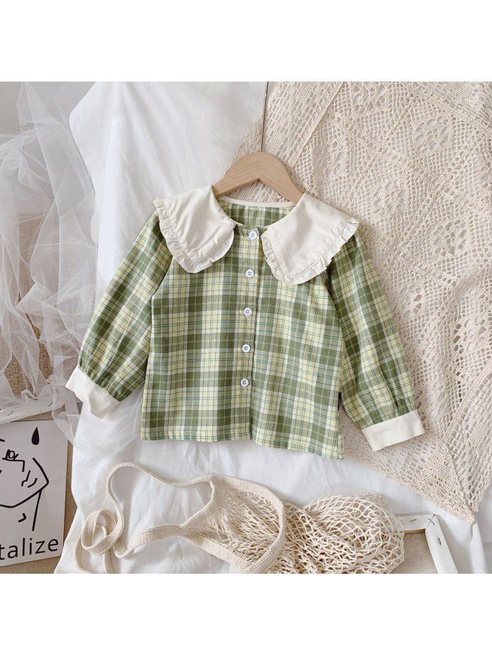  autumn new girls' Plaid Shirt doll collar baby long sleeve top children's loose shirt fashion 
