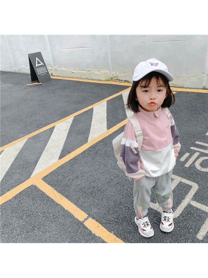 Girls' color matching coat  new Korean autumn baby's top long sleeve children's stand collar Pullover 