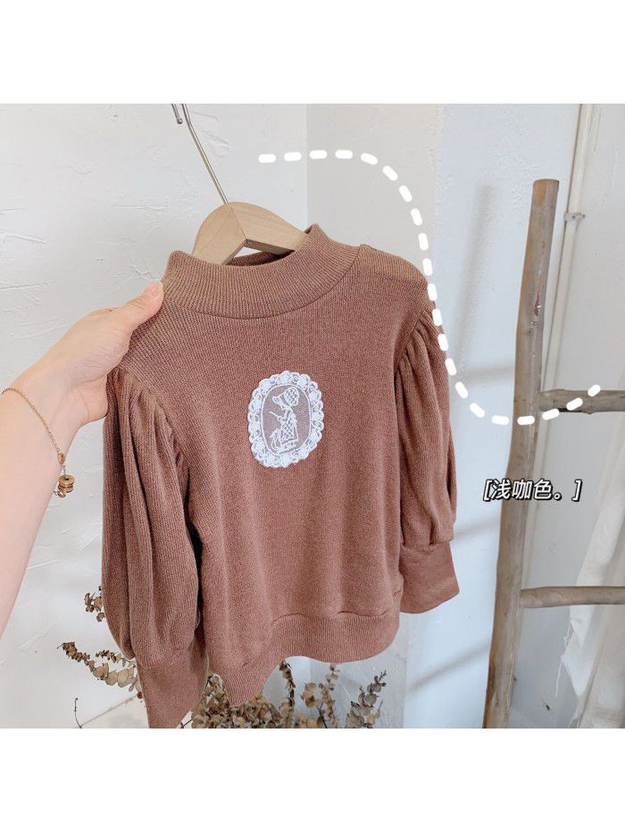 Girls' base shirt autumn and winter  new style girl's high collar Korean foam sleeve Plush thickened top 