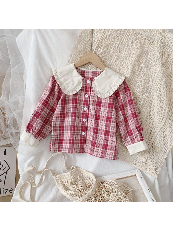  autumn new girls' Plaid Shirt doll collar baby long sleeve top children's loose shirt fashion 