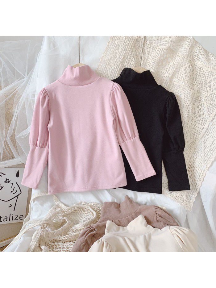 Girls' base shirt autumn  new long sleeve high collar foreign style bubble sleeve Korean baby girl's top 