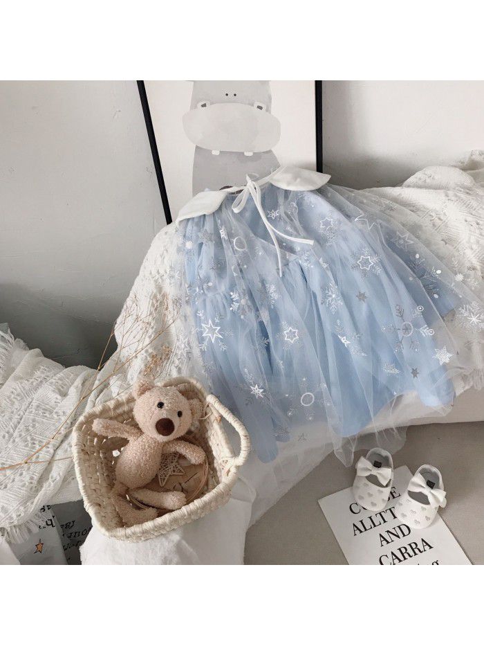Girls' dress  spring children's Lapel net sweet princess skirt (including shawl) foreign trade wholesale children's wear 