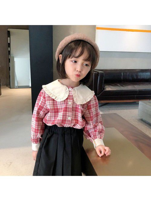  autumn new girls' Plaid Shirt doll collar ba...