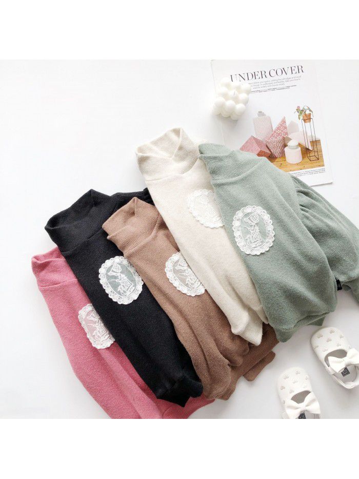 Girls' base shirt autumn and winter  new style girl's high collar Korean foam sleeve Plush thickened top 