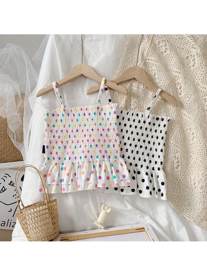 Stall source children's clothing  summer girls' suspender vest Korean wave point Auricularia edge suspender top 